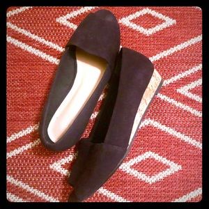 Peep toe espadrille style flat with cork heel